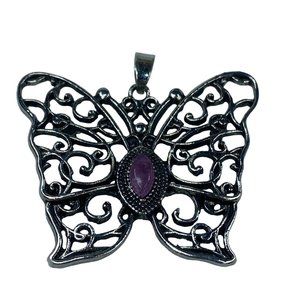 Filigree Silver Color Butterfly Jewelry Pin Brooch Purple Center Stone Vintage